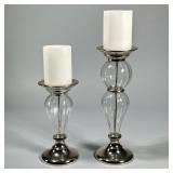 (2pc) PAIR GLASS CANDLESTICKS | Pair of glass & chrome candle holders. - h. 12.5 x dia. 4.5 in