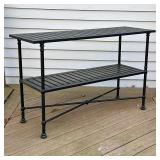 POTTERY BARN OUTDOOR CONSOLE TABLE | Slatted metal outdoor shelving from Pottery barn with x-stretch