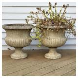 (2pc) PAIR COMPOSITION PLANTER URNS | Pair of composite or formed plastic planter urns with gadroone