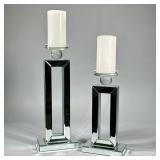 (2pc) PAIR MIRRORED CANDLESTICKS | Pair of contemporary rectangular mirrored candle votive holders w