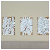 (3pc) WOOD CARVED ART | Set of three carved wood and painted wall panel artworks depicting white flo