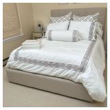 TUFTED FULL-SIZE BED FRAME | Gray full-size bed frame with tufted headboard and full skirt. Includes