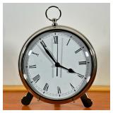 POTTERY BARN EASEL CLOCK | Chrome-cased easel-form table clock with Roman numerals. - dia. 9 in