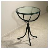 WROUGHT IRON GLASS TOP SIDE TABLE | Accent table of unusual half globe-like form, with a thick glass