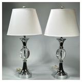 Pair Table Lamps | Glass and chrome table lamps with glass orb finials, having simple tapered fabric