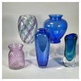 (5pc) COLORFUL GLASS VASES | Including a vase signed “Peltineto (?)” two blue vases, a purple-formed