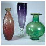 (3pc) LARGE COLORFUL VASES | Colorful art glass vases including a large purple vase, round green vas