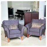 (2pc) PAIR CARTER ARMCHAIRS | Purple upholstered armchairs by Carter with scrollwork embroidery. - h