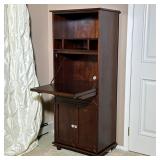 FALL FRONT DESK BOOKSHELF | Dark wood bookcase cabinet with a drop front desk and storage shelves. -