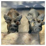 (2pc) PAIR CAST IRON PIGS WITH WINGS | Garden decoration: a pair of cast iron black-painted pigs wit