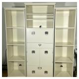 (3pc) POTTERY BARN WHITE BOOKSHELF CABINETS | Central cabinet height 76 x 29 x 17“; with a pair of o