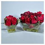 (2pc) FAUX ROSE / ACRYLIC ARRANGEMENTS | Faux floral arrangements in rectangular glass bowls. - h. 6