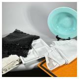 SERVING PLATTERS & TABLECLOTHES | Including: large blue serving bowl, white serving platter with 4 s