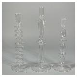 (3pc) HOLLOW BLOWN GLASS CANDLESTICKS | Contemporary style clear glass candle stick holders. - h. 12