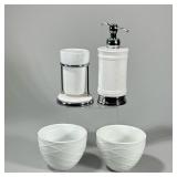 (4pc) BATHROOM CERAMICS | Including: ceramic toothbrush holder, soap dispenser, and 2 bowls. - h. 8 