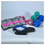 MIXED WORKOUT EQUIPMENT | Including: pair of ankle weights, 3lbs, 6 lbs, and 10 lbs dumbells, and re