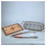 (3pc) GRILL GROUP | Including: grilling tongs, grilling basket, and wood cutting board. - h. 2 x w. 