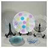 (5pc) COLORED GLASS PLATTERS & DISHES | Colorful serving dishes / decorative dishes. - dia. 14 in (l