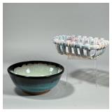 (2pc) ART CERAMICS | Including a bowl and a pastel glazed basket. - h. 4 x dia. 9.5 in (bowl)
