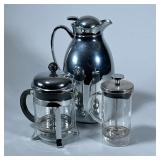 (3pc) COFFEE LOT | Including large hot water/coffee carafe, Bodum French press, and small Iris Frenc