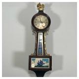 MINIATURE NEW HAVEN CLOCK | Miniature New Haven Clock Co. banjo clock decorated with ship scene to l