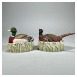 (2pc) PAIR LEFTON BISQUE BOXES | Bird-form lidded boxes, including a duck and a pheasant, each marke