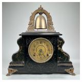 GILBERT MANTEL CLOCK | 1902 Gilbert Clock Co. faux marble painted mantel clock with brass bell toppe