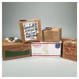 (6pc) MISC. CLOCK PARTS | Six small boxes of assorted clock parts, with boxes labeled "Waterbury Shi