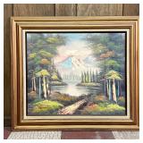 Landscape Oil Painting | Showing a lake before a mountainous landscape, signed “Thomas” lower left. 