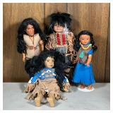 (4pc) Native American Dolls | Including a porcelain head Cathay collection doll, and three plastic d