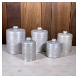 (5pc) Vintage Aluminum Kitchen Canisters | Flour, Sugar, Coffee, Tea, and Grease lidded jars. - h. 9