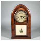 BURLWOOD SHELF CLOCK | With painted glass panel door; no. 145