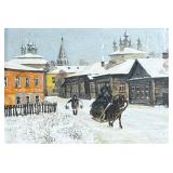 Folk Art Winter Scape | Folk art style Russian winterscape. Oil on Masonite. Signed in Cyrillic lowe