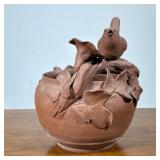 REDWARE ART CERAMIC BOWL WITH BIRD FIGURE | Initialed “CR” on base. - h. 7.5 x dia. 6.5 in