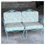 MID-CENTURY CAST IRON SETTEE SOFA | Outdoor patio furniture, love seat in blue with scroll arms. - h