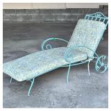 MID CENTURY CAST IRON PATIO LOUNGE RECLINER | Outdoor furniture lounge chair, with scrolled arms and