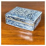 Chinese Blue & White Box | Chinese porcelain rectangular lidded box with key and scroll patterns in 