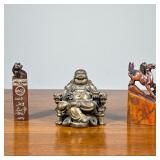 (3pc) Chinese Stamps & Buddha | Including a brass figure depicting Buddha sitting in a dragon armcha