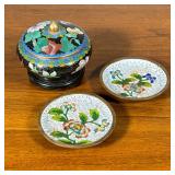 (3pc) Chinese Cloisonné | Including a round lidded jar in a fitted wood stand and a pair of small di