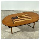 AMERICAN FLAG HEART PAINTED TABLE | Low oval top wood table with painted American flag with heart mo