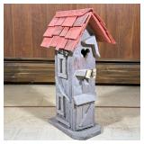 HANDMADE BIRD HOUSE | Carved wood birdhouse with red shingle roof and heart-shaped opening. - h. 24 