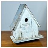 Folk Art Birdhouse | White painted wooden birdhouse with a hammered tin roof. - h. 18 x w. 14 x d. 9