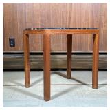 MCM MARBLE TOP SIDE TABLE | Mid-century modern black marble top side table on a nicely figured wood 