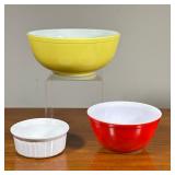 (3pc) Vintage Pyrex Bowls | Including Pyrex red and yellow mixing bowls, smaller dia. 7.25 in, and a