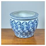 BLUE & WHITE CERAMIC JARDINIERE | Blue and white glazed pottery planter with key patterned rim. - h.