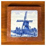 Delft Style Trivet | Blue and white delft style tile in a wood frame. - h. 8 x w. 8 in (overall)