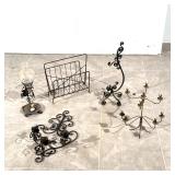 (5pc) IRON AND METAL ITEMS | Including a three-arm wall sconce, a hurricane shade lamp, a magazine r