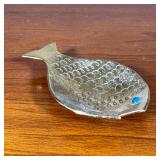 Israeli Brass Fish Dish | Small brass fish form fish with turquoise eye, marked on the bottom. - l. 