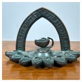 ISRAELI BRONZE LANTERN FORM MENORAH | h. 5.5 x w. 8.5 x d. 4.5 in