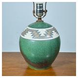 SOUTHWEST POTTERY STYLE CERAMIC LAMP | Green glazed ceramic with Southwestern geometric pattern arou